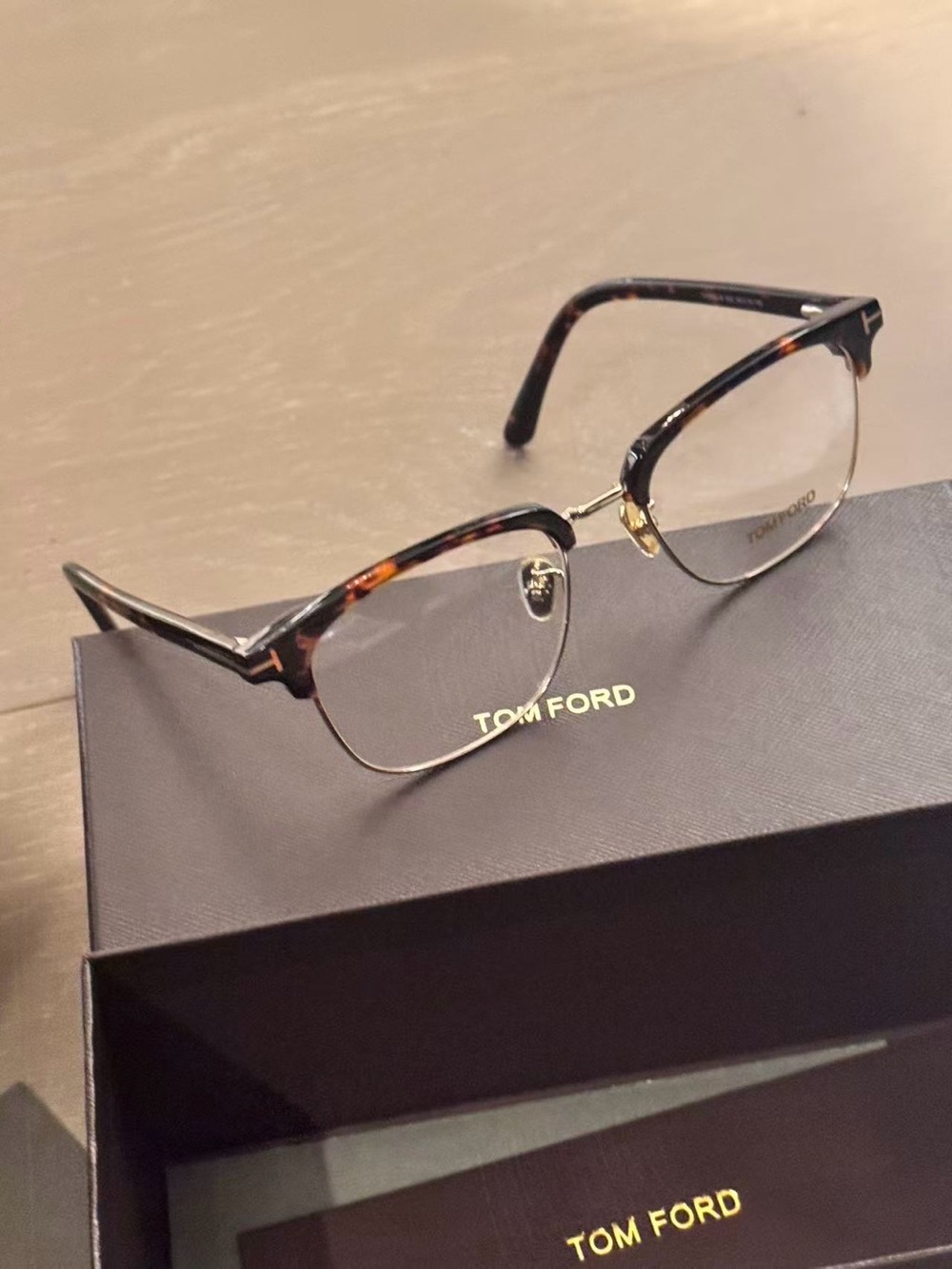 Tom Ford Men’s Tortoiseshell and Gold Semi-Rimless Glasses